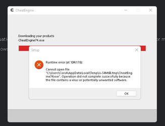 Window 11 won&rsquo;t let me install cheat engine 7.4 it flags it as a 