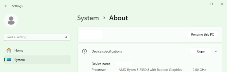 Settings, System, About - Processor entry.png