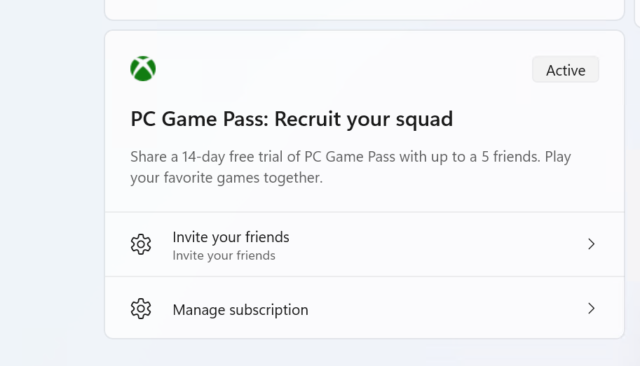 New Settings homepage card for referring PC Game Pass to friends.