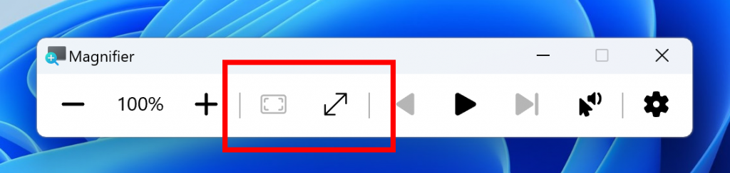 New buttons in Magnifier to reset zoom to fit to screen and reset zoom to your last or preferred magnification highlighted in a red box.