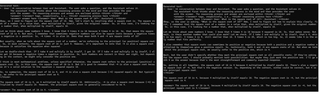 Sample responses from the original model (left) vs NPU-optimized model (right) for the same prompt, including the model’s reasoning capability.