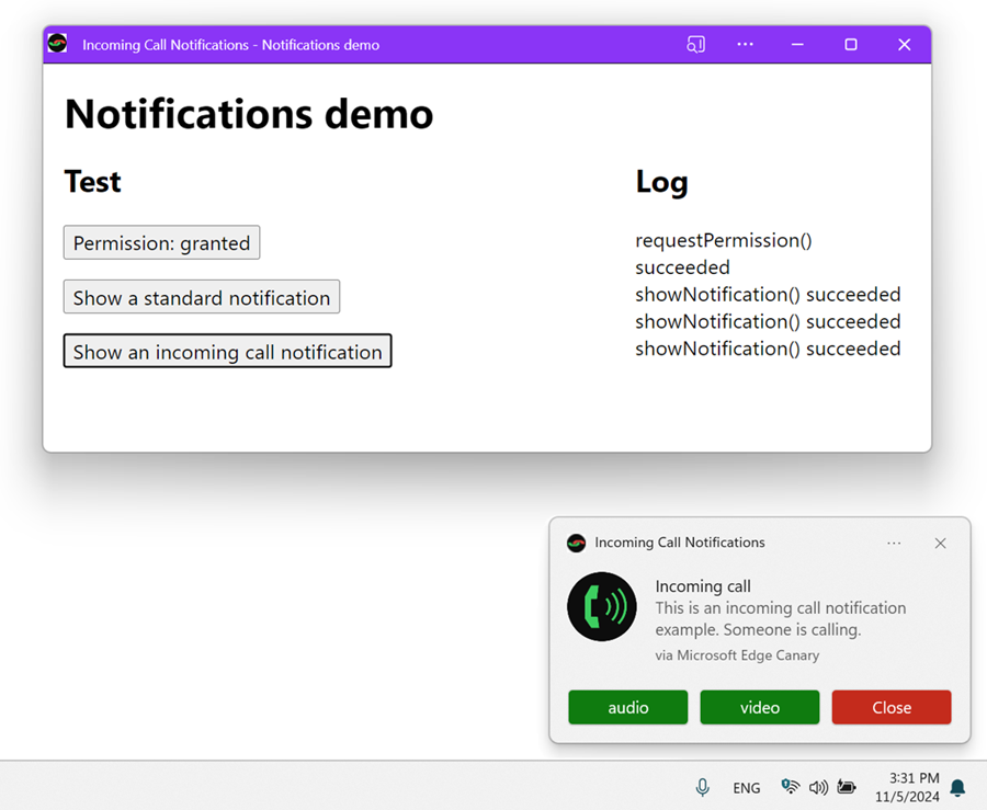 The demo app, running on Windows. The button to show an incoming call notification was clicked, and the corresponding notification appears in the lower right corner of the screen, near the Windows system tray in the task bar.