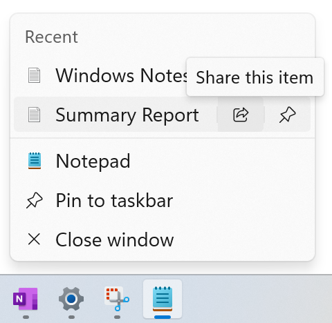 Share icon appearing on a txt file on the jump list for Notepad.