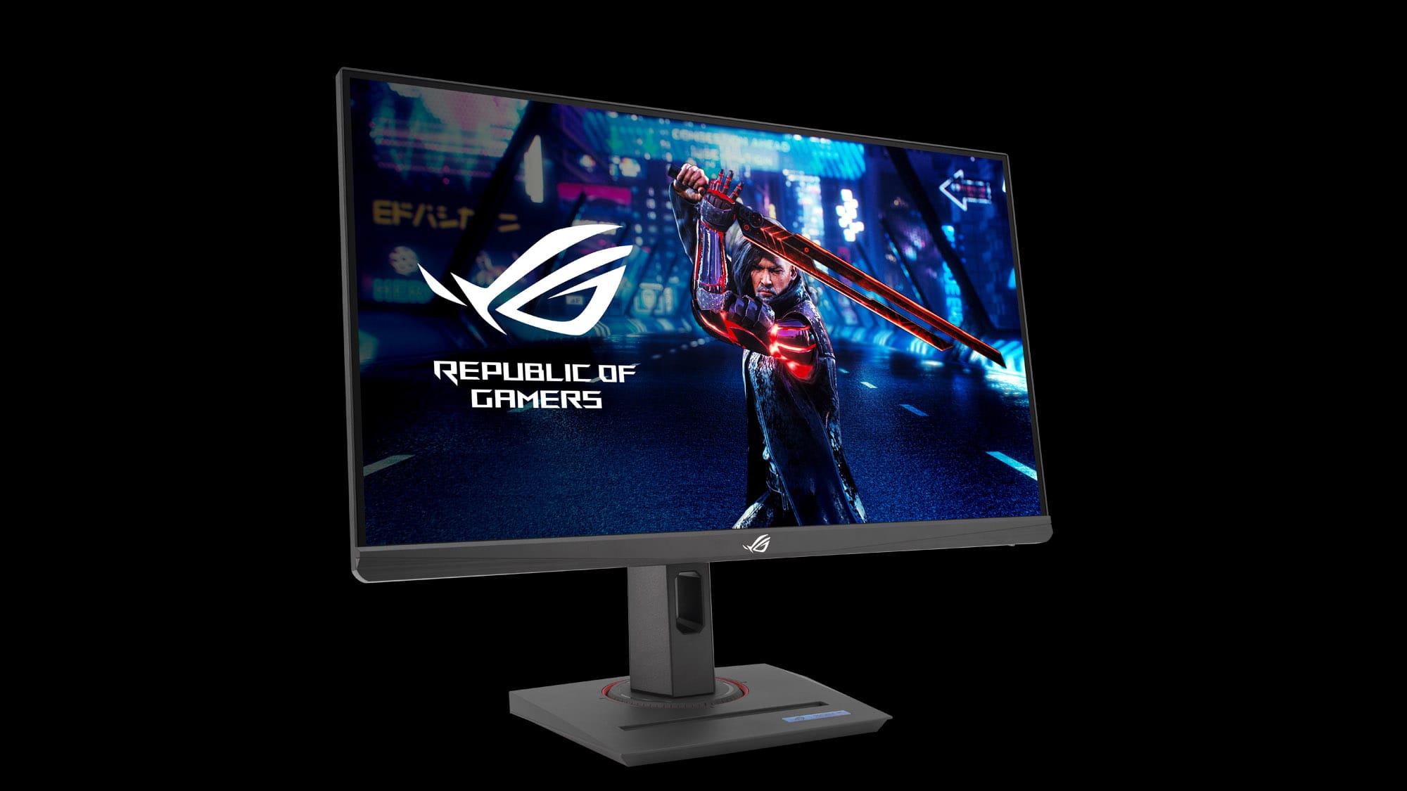 The ROG Strix XG259QNS on a black background with a sword wielding character on screen.