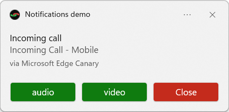 Incoming call notification window, with separate buttons to answer with audio only, or video, or decline the call.