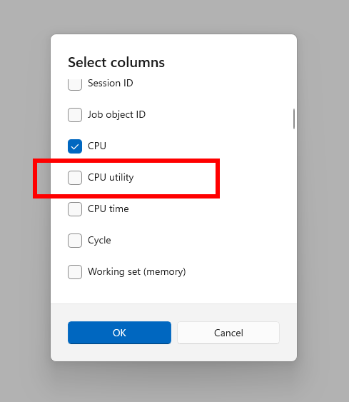 New CPU utility column option for Details page in Task Manager.