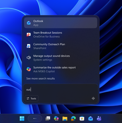UI of Ask Copilot on the taskbar showing easy access to apps, files, and Microsoft 365 Copilot. UI of Ask Copilot on the taskbar showing easy access to apps, files, and Microsoft 365 Copilot.