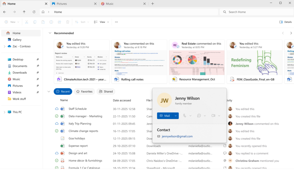UI showing the File Explorer Windows People Card for a family member. UI showing the File Explorer Windows People Card for a family member.