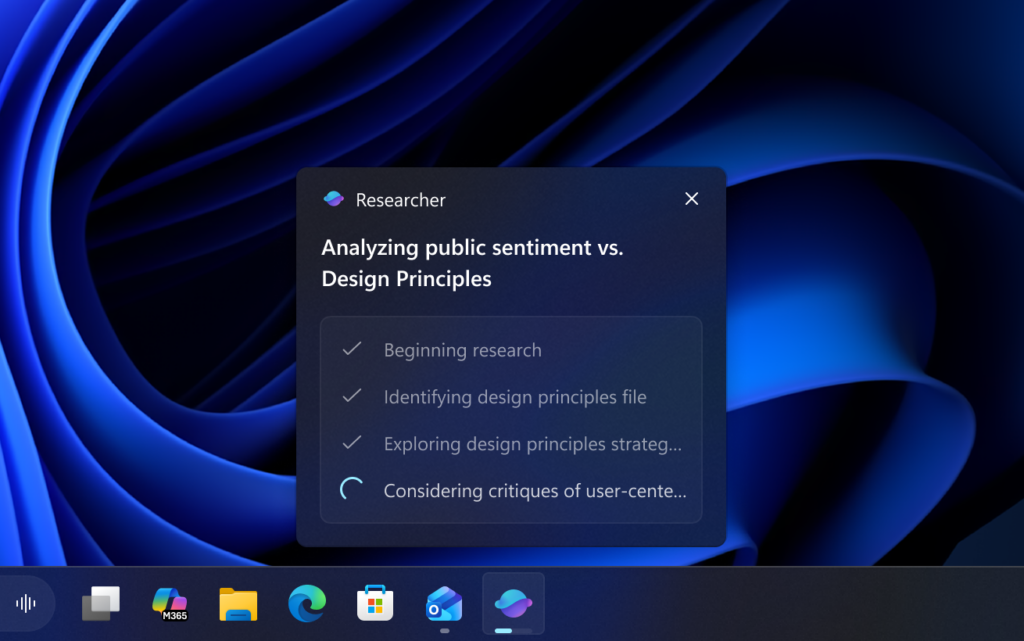 UI showing current progress of Researcher on taskbar hover. UI showing current progress of Researcher on taskbar hover.
