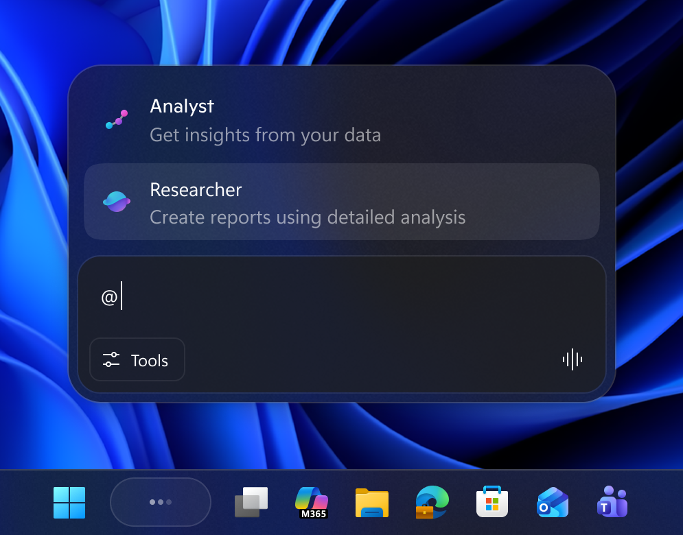 Analyst and Researcher agents in Ask Copilot on the taskbar. Analyst and Researcher agents in Ask Copilot on the taskbar.